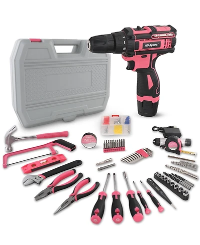 121-Piece Home Tool Set with 12V Cordless Drill – Pink and Black Diy Kit with Storage Case
