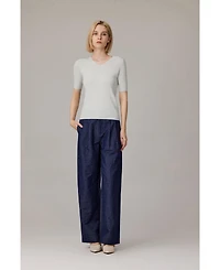 Jennie Liu Women's Merino Wool Lurex Sweater | Shimmer Fine gauge V-Neck Short Sleeve Top Machine Washable Pullover