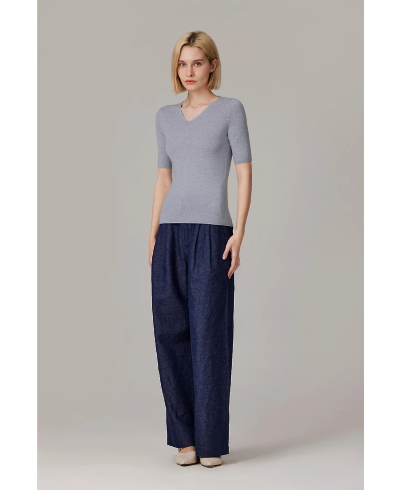 Jennie Liu Women's Merino Wool Lurex Sweater | Shimmer Fine gauge V-Neck Short Sleeve Top Machine Washable Pullover