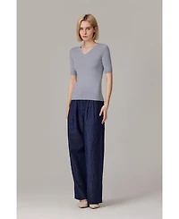 Jennie Liu Women's Merino Wool Lurex Sweater | Shimmer Fine gauge V-Neck Short Sleeve Top Machine Washable Pullover