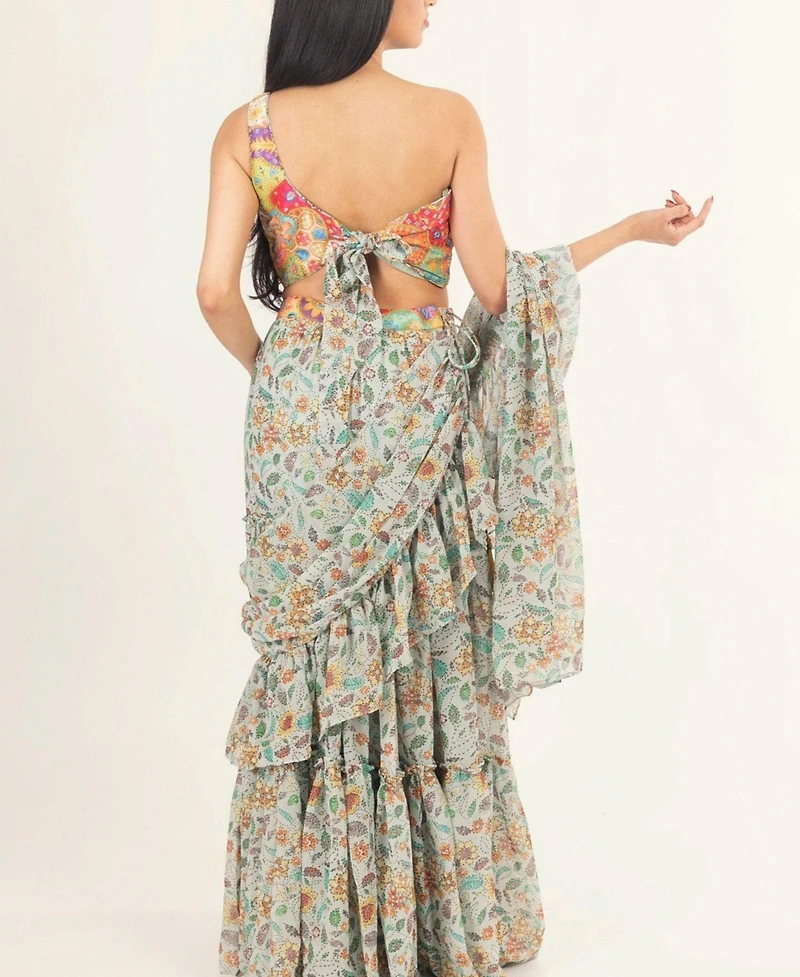 Raas Women's One-Shoulder Floral Ruffle Saree Dress
