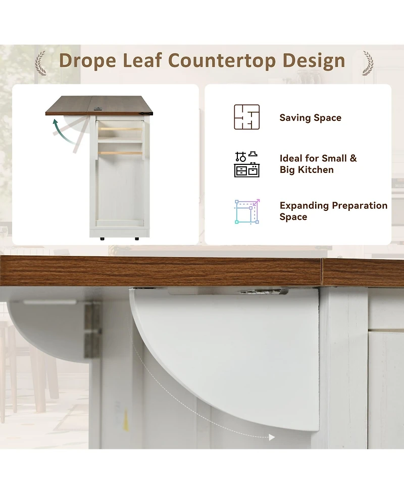 Casainc 53.7" Rolling Kitchen Cart with Barn Doors, Drop Leaf, Power Outlet and Spice Rack (No Stools)
