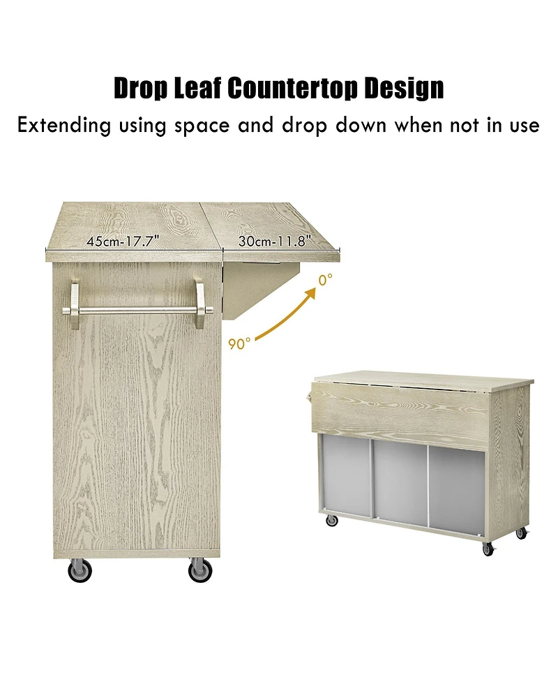 Casainc 51.2" Solid Wood Kitchen Island with Drop Leaf, Handwoven Finish, Storage and Wheels