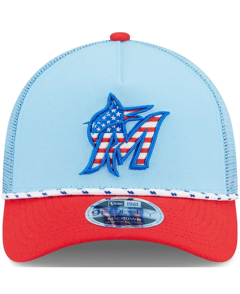 New Era Men's Light Blue/Red Miami Marlins 2025 Fourth of July 9FORTY A-Frame M-Crown Adjustable Trucker Hat