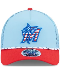 New Era Men's Light Blue/Red Miami Marlins 2025 Fourth of July 9FORTY A-Frame M-Crown Adjustable Trucker Hat
