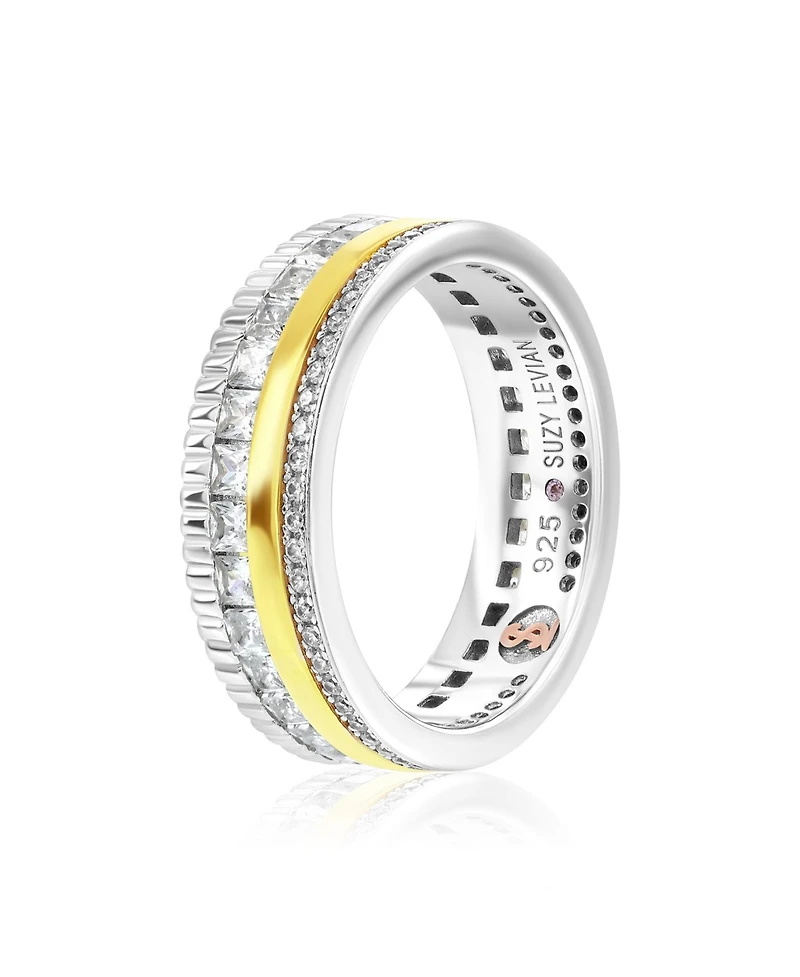 Suzy Levian New York Two-Tone Sterling Silver Cubic Zirconia Filigree Layered Stack Thick Band