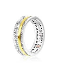 Suzy Levian New York Two-Tone Sterling Silver Cubic Zirconia Filigree Layered Stack Thick Band