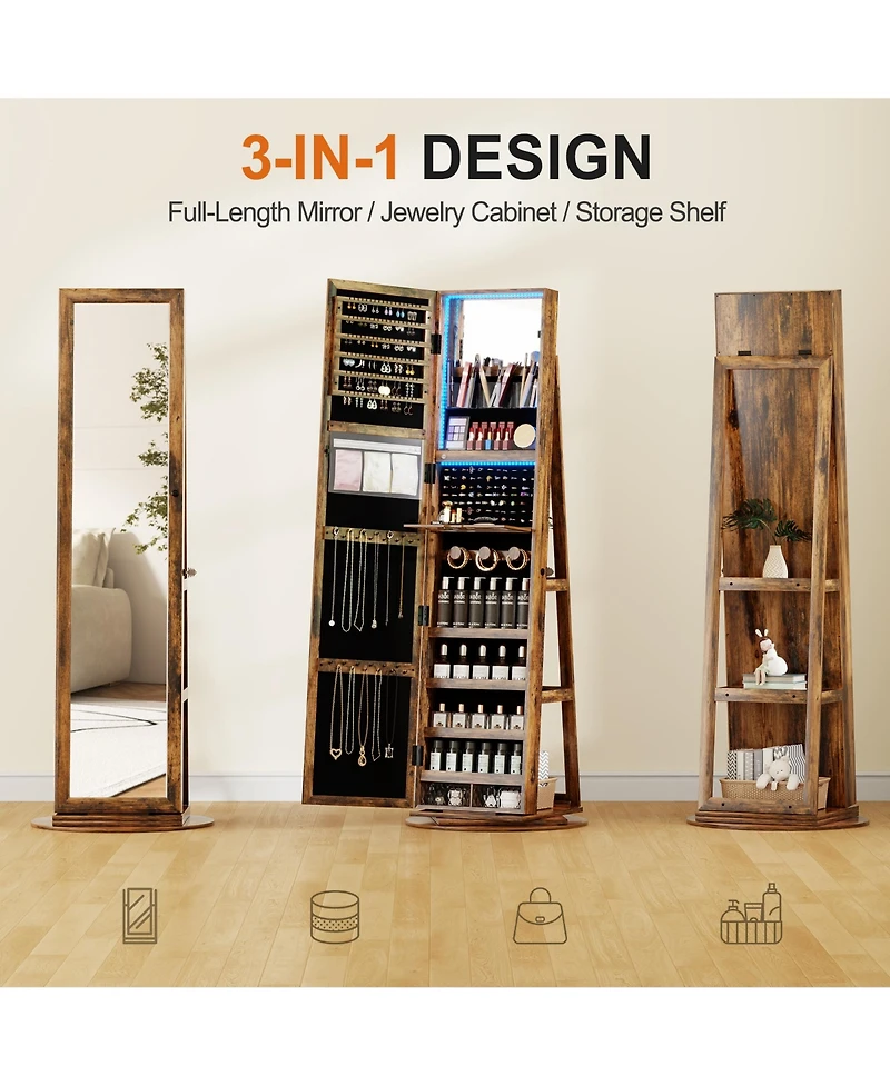 Vlsrka Led jewelry storage cabinet with back shelves and 360° rotation.