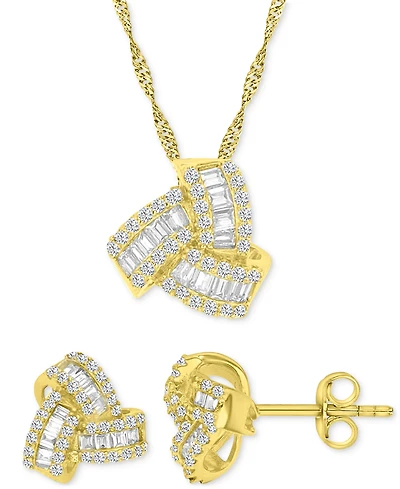2-Pc. Set Cubic Zirconia Round & Baguette Love Knot Pendant Necklace & Coordinating Stud Earrings in 14k Gold-Plated Sterling Silver