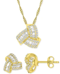 2-Pc. Set Cubic Zirconia Round & Baguette Love Knot Pendant Necklace & Coordinating Stud Earrings in 14k Gold-Plated Sterling Silver