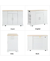 Casainc 55.5" Kitchen Storage Island With Drop Leaf, Barn Door, Power Outlet, Spice Rack (No Stools)