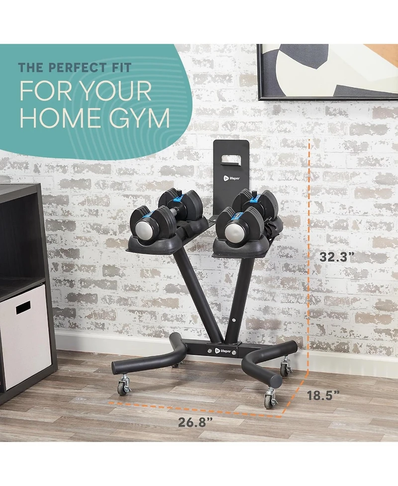 LifePro Adjustable Dumbbell Stand Rack – Compatible with PowerFlow Plus, PowerUp Plus & More – Phone Holder & Caster Wheels for Home Gym