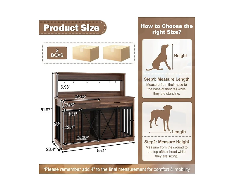 Casainc 55.1" kitchen Cabinet Dog Crate Cage Table with 2 Storage Drawers and Shelves