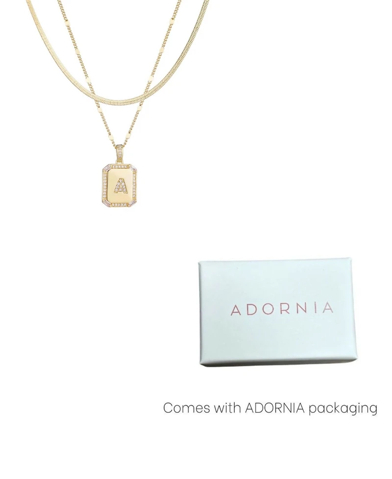 Adornia Gold Pave Tag Pendant and Herringbone Chain Initial Necklace Set