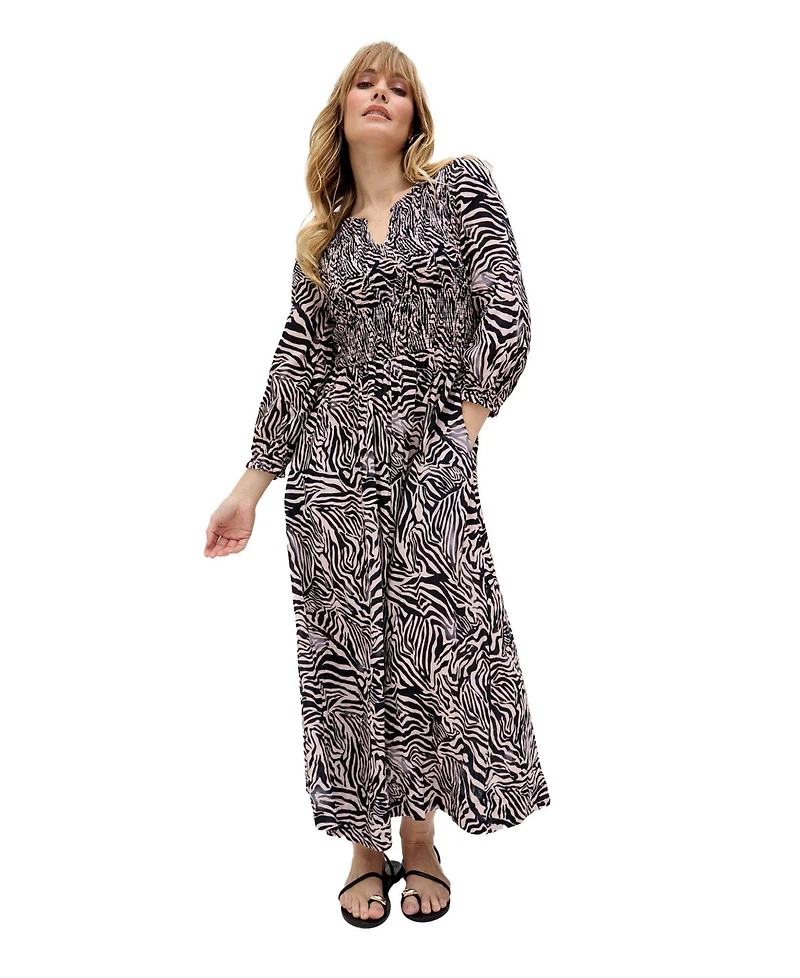 Raffya Women's Paulina Shirred Bodice Zebra Print Maxi Dress