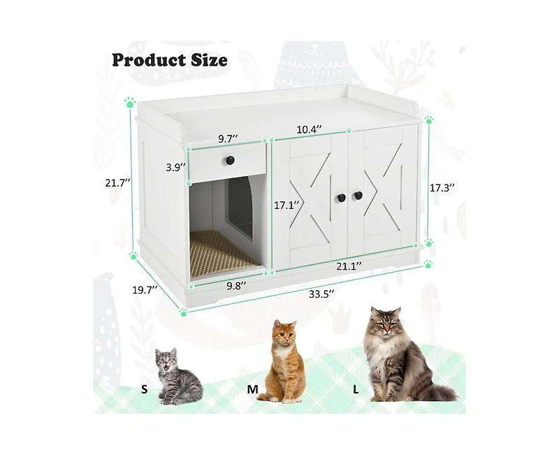 Casainc 33.5" Cat Litter Box Enclosure, Litter Box Furniture Hidden with Cat Litter Mat, Indoor Cat House with Storage Drawer Side Table