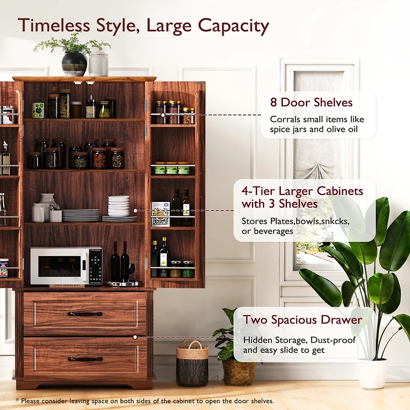 Casainc 71" Freestanding Pantry Cabinet with 2 Drawers, 8 Door Shelves, 3 Cabinet Shelves, Embossed Texture Finish