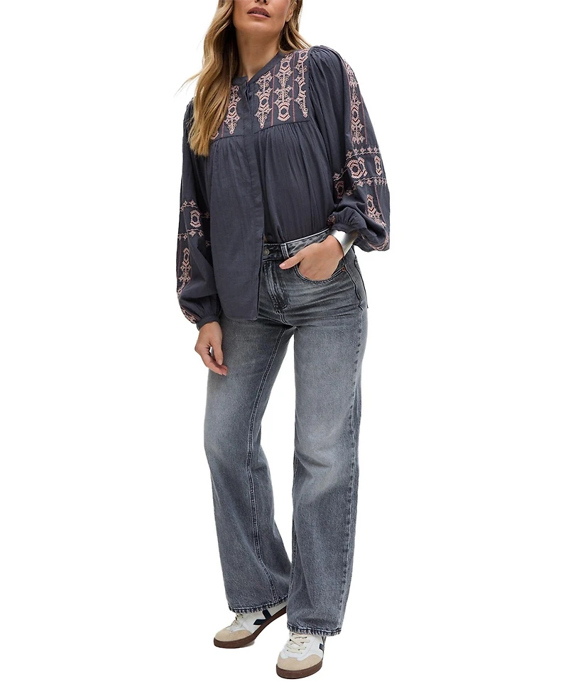 Raffya Women's Demi Embroidered Ballon Sleeve Shirt