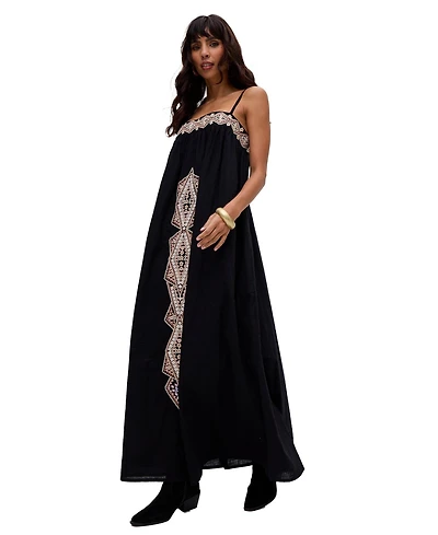 Raffya Women's Sapphire Spaghetti Strap Embroidered Maxi Dress