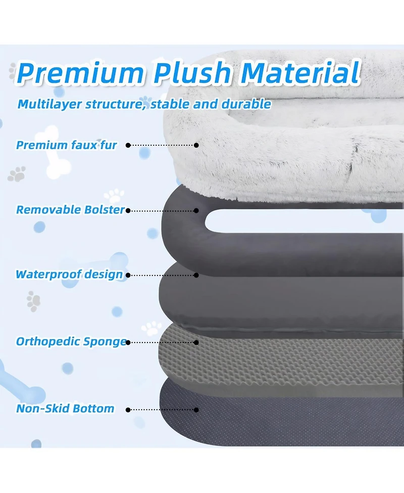 Streamdale Furniture Human Dog Bed Washable Faux Fur Orthopedic 71"x45" (Grey)