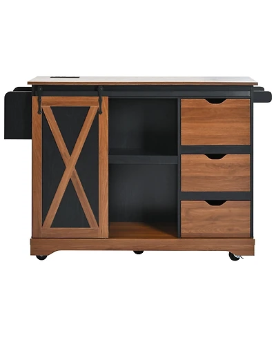 Casainc 55.5" Kitchen Storage Island With Drop Leaf, Barn Door, Power Outlet, Spice Rack (No Stools)