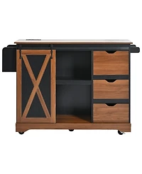 Casainc 55.5" Kitchen Storage Island With Drop Leaf, Barn Door, Power Outlet, Spice Rack (No Stools)
