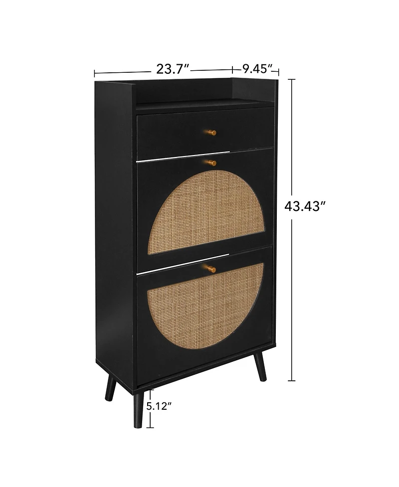Boyel Living Freestanding Modern Shoe Storage Cabinet 3 Metal Rattan Door Shoe Rack Shoe Cabinet with 3 Flip Drawers for Entryway Living Room, Black