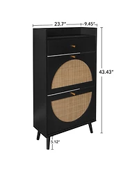 Boyel Living Freestanding Modern Shoe Storage Cabinet 3 Metal Rattan Door Shoe Rack Shoe Cabinet with 3 Flip Drawers for Entryway Living Room, Black