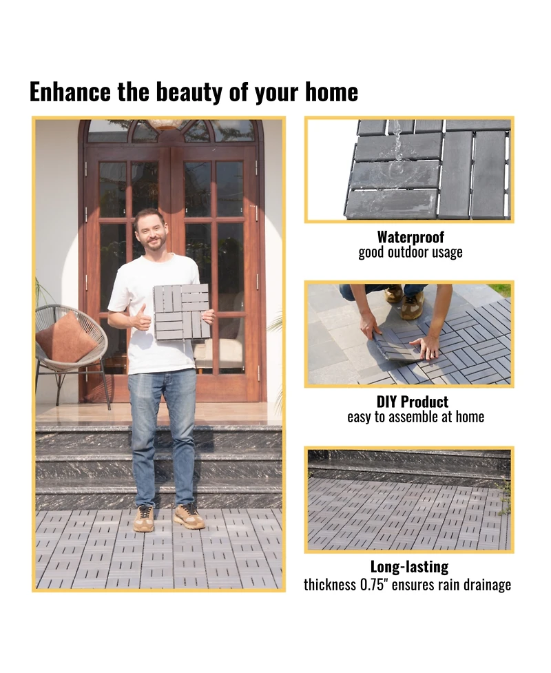 Streamdale Furniture Interlocking Deck Tiles Light Gray Acacia 12"x12" (30 Pcs)