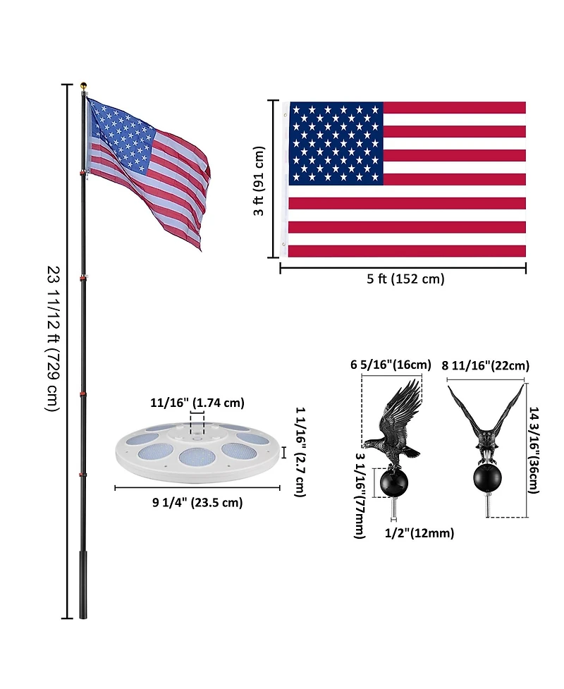 Yescom Ez Go 25ft Eagle Topper Telescopic Flag Pole Kit Solar Light Outside 3x5' Us Flag Ball Top, Black