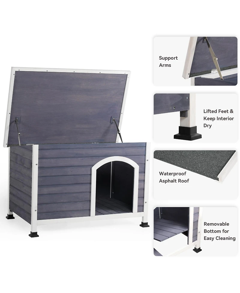 Streamdale Furniture Medium Wooden Outdoor Dog House Waterproof Roof Elevated Floor Grey