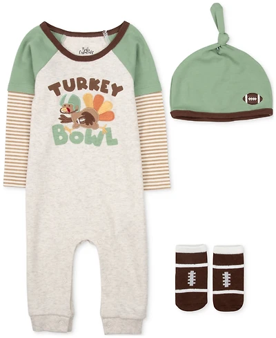 Baby Essentials Boys Turkey Bowl Coverall, Cap & Socks, 3 Piece Set