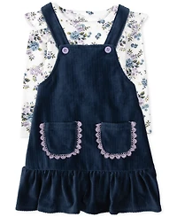 Baby Essentials Girls Velour Rib Knit Jumper, Floral-Print Shirt & Footed Tights, 3 Piece Set