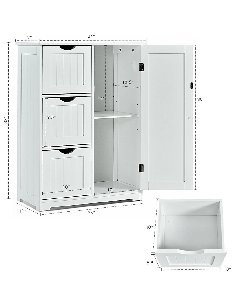 Volenca Bathroom Floor Cabinet Side Storage Cabinet with 3 Drawers and 1 Cupboard