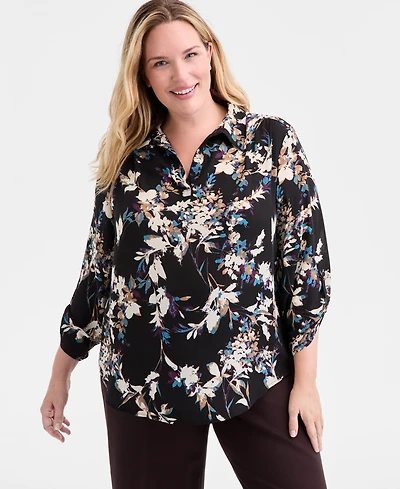 Ak Anne Klein Plus Printed Collared V-Neck Blouse