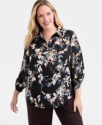 Ak Anne Klein Plus Printed Collared V-Neck Blouse