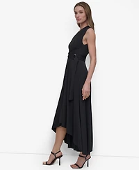 Dkny Women's V-Neck Sleeveless Belted High-Low Hem Dress