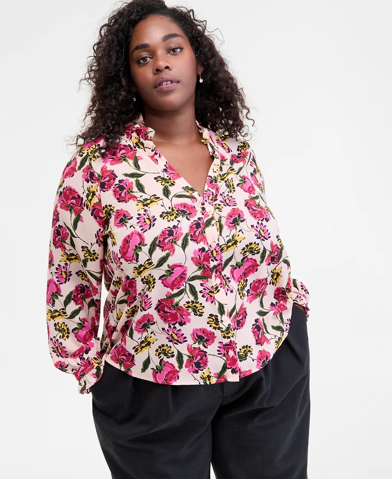 On 34th Trendy Plus Size Floral Ruffle-Trim Split-Neck Blouse, Macy's Exclusive