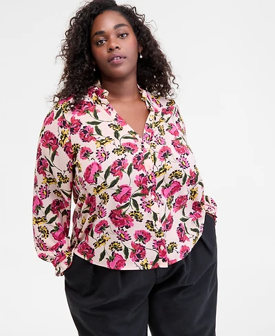 On 34th Trendy Plus Size Floral Ruffle-Trim Split-Neck Blouse, Macy's Exclusive