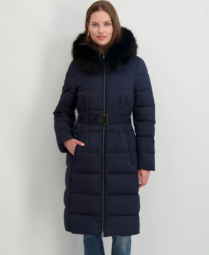 Tahari Women's Faux-Fur-Trim Hooded Belted Puffer Coat