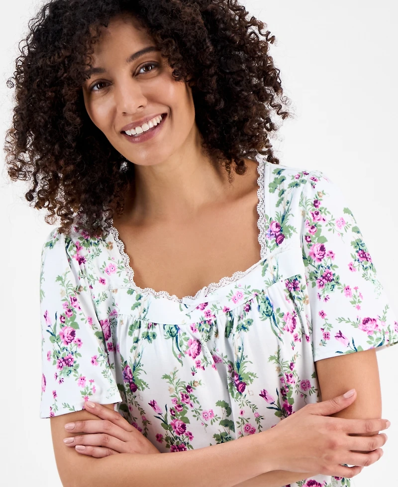 Charter Club Women's Cotton Short-Sleeve Lace-Trim Nightgown