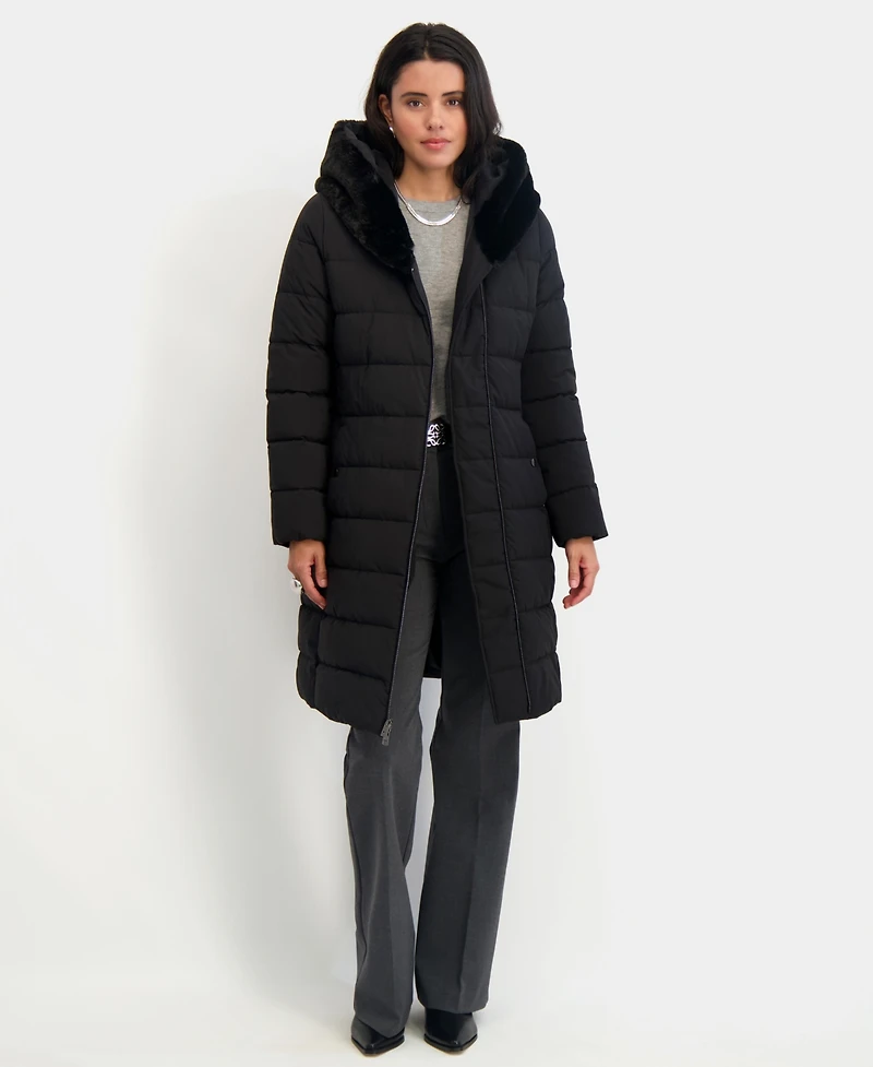 Tahari Women's Faux-Fur-Trim Hooded Belted Puffer Coat