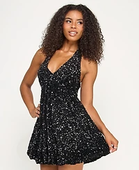 Emerald Sundae Juniors' Sequined Velvet Fit & Flare Dress