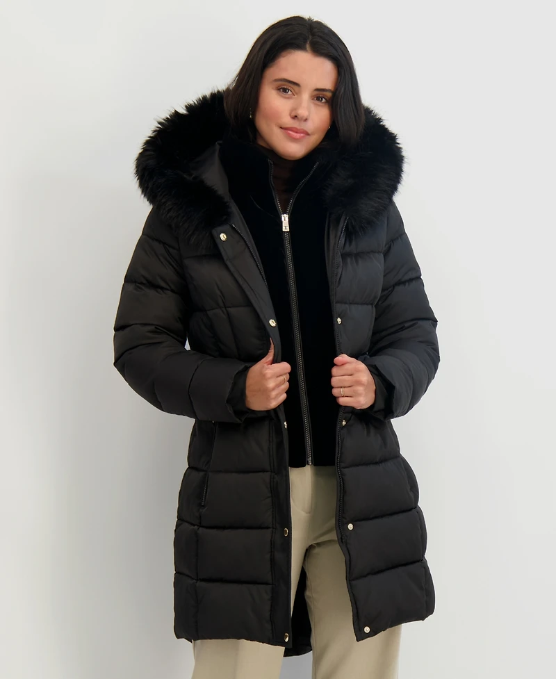 Tahari Womens Velvet Bibbed Faux-Fur Hooded Puffer Coat