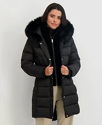 Tahari Womens Velvet Bibbed Faux-Fur Hooded Puffer Coat