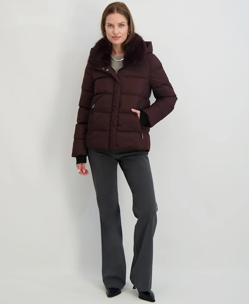 Tahari Women's Faux-Fur-Collar Hooded Puffer Coat