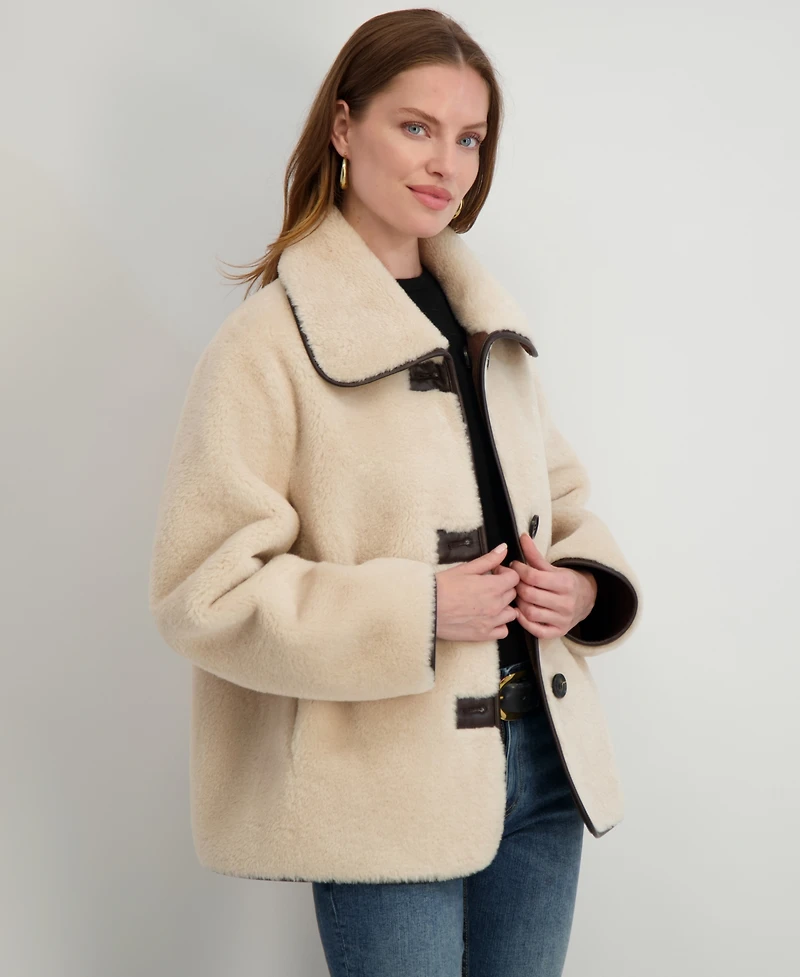 Tahari Women's Reversible Faux-Shearling Button-Front Coat