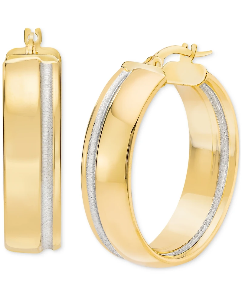 Polished Striped Small Hoop Earrings in 14k Two-Tone Gold, 0.75"