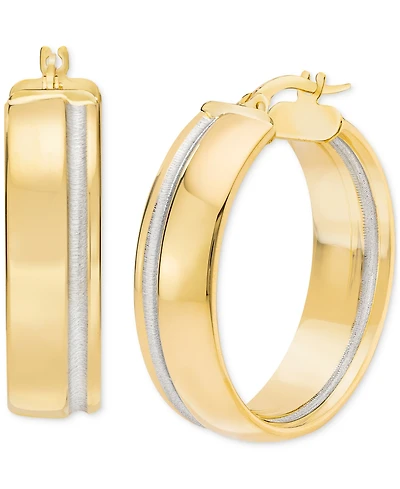 Polished Striped Small Hoop Earrings in 14k Two-Tone Gold, 0.75"