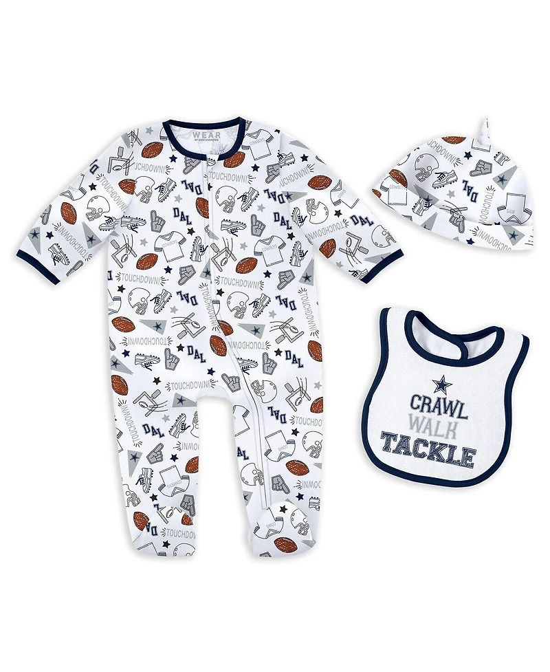 Wear by Erin Andrews Baby Boys and Girls Dallas Cowboys Sleep Play with Bib and Fun Hat Set